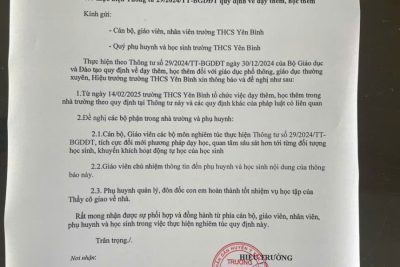 Trường THCS Yên Bình thông báo việc thực hiện thông tư 29/2024/TT-BGDĐT quy định về dạy thêm học thêm tới Quý phụ huynh và các em học sinh của trường.